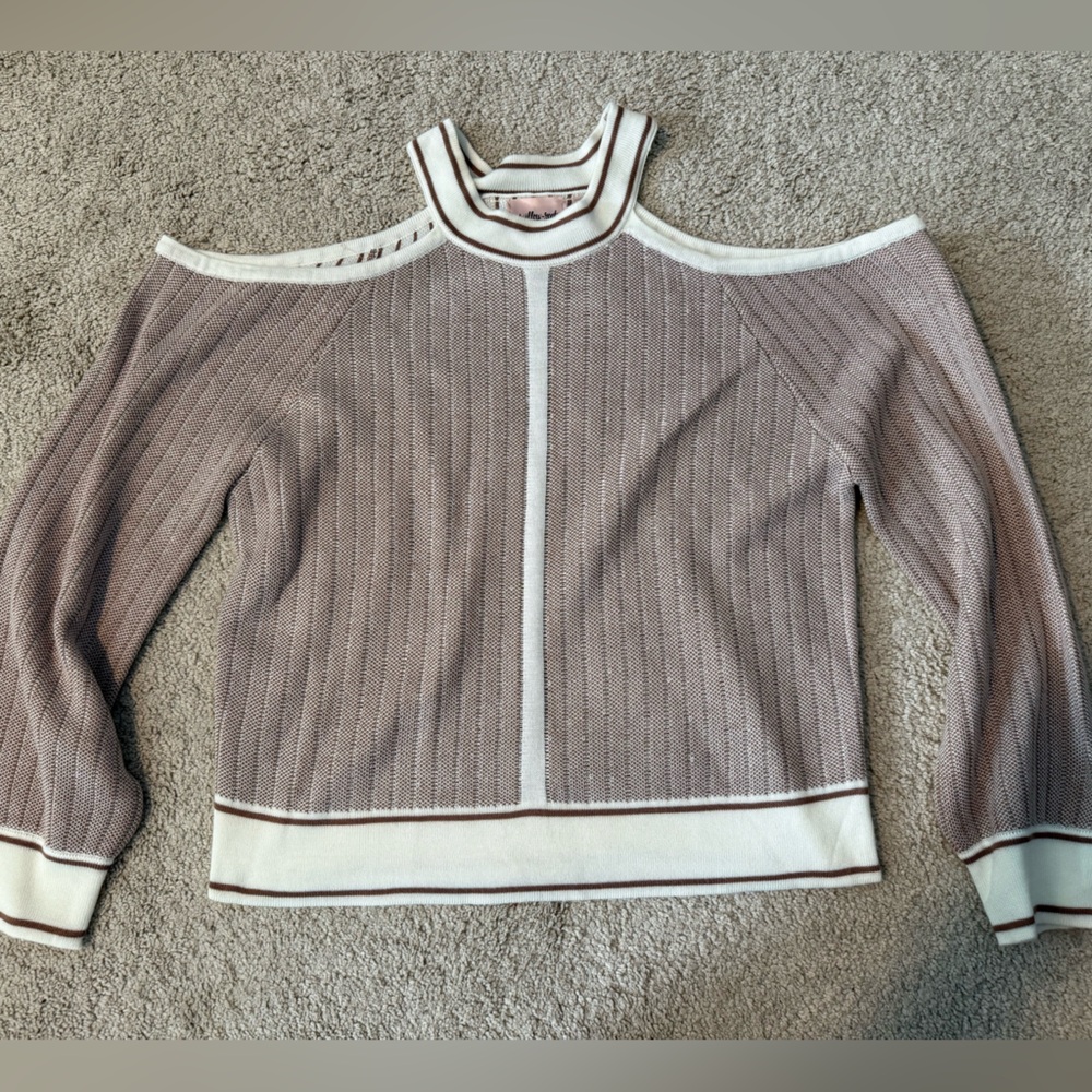 Cream and Brown Off-the-Shoulder Sweater Ribbed Knit